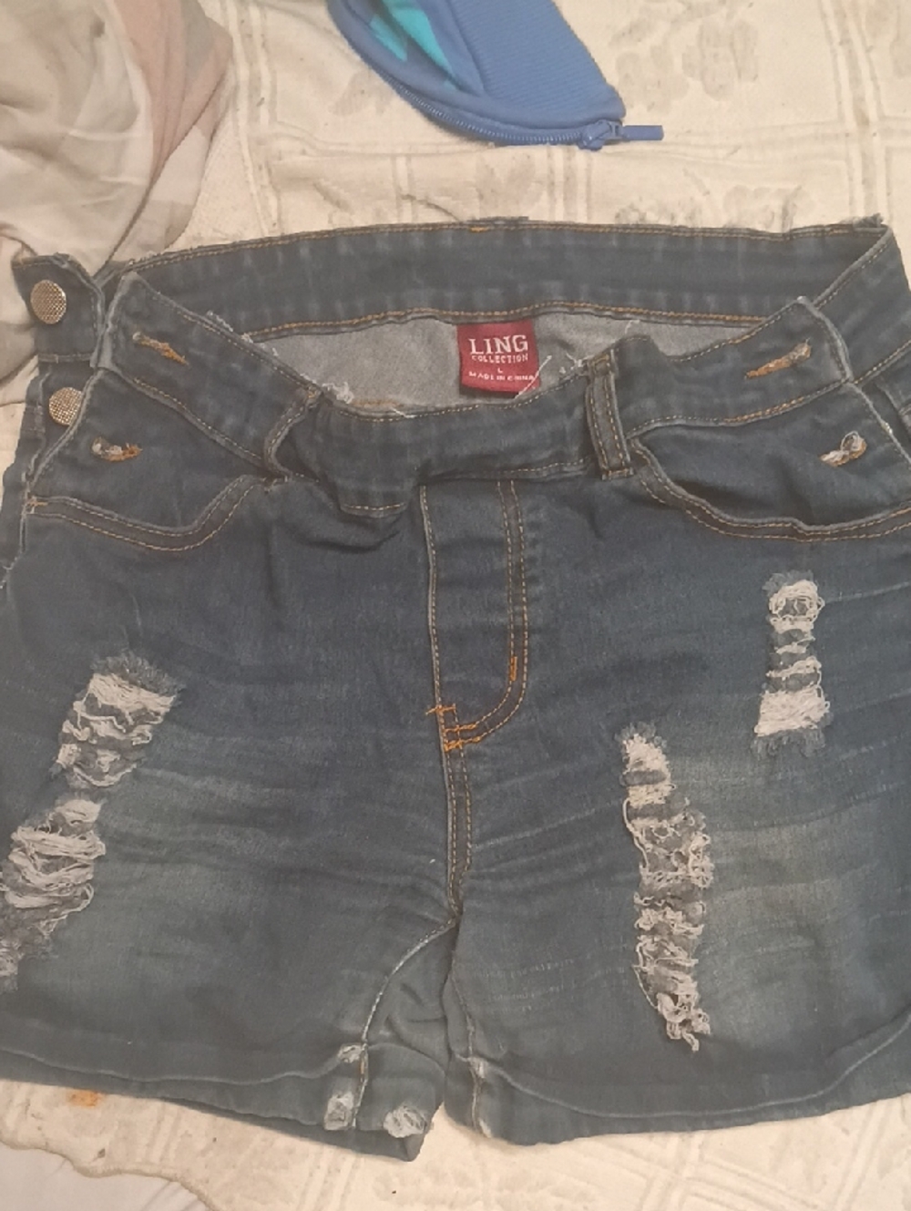 Distressed Mid-Blue Denim Shorts